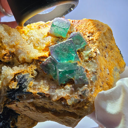 Große Fluorit, Hyalit Opal, Orthoklas, Schörl Turmalin Stufe Erongo, Namibia 91*59*52mm