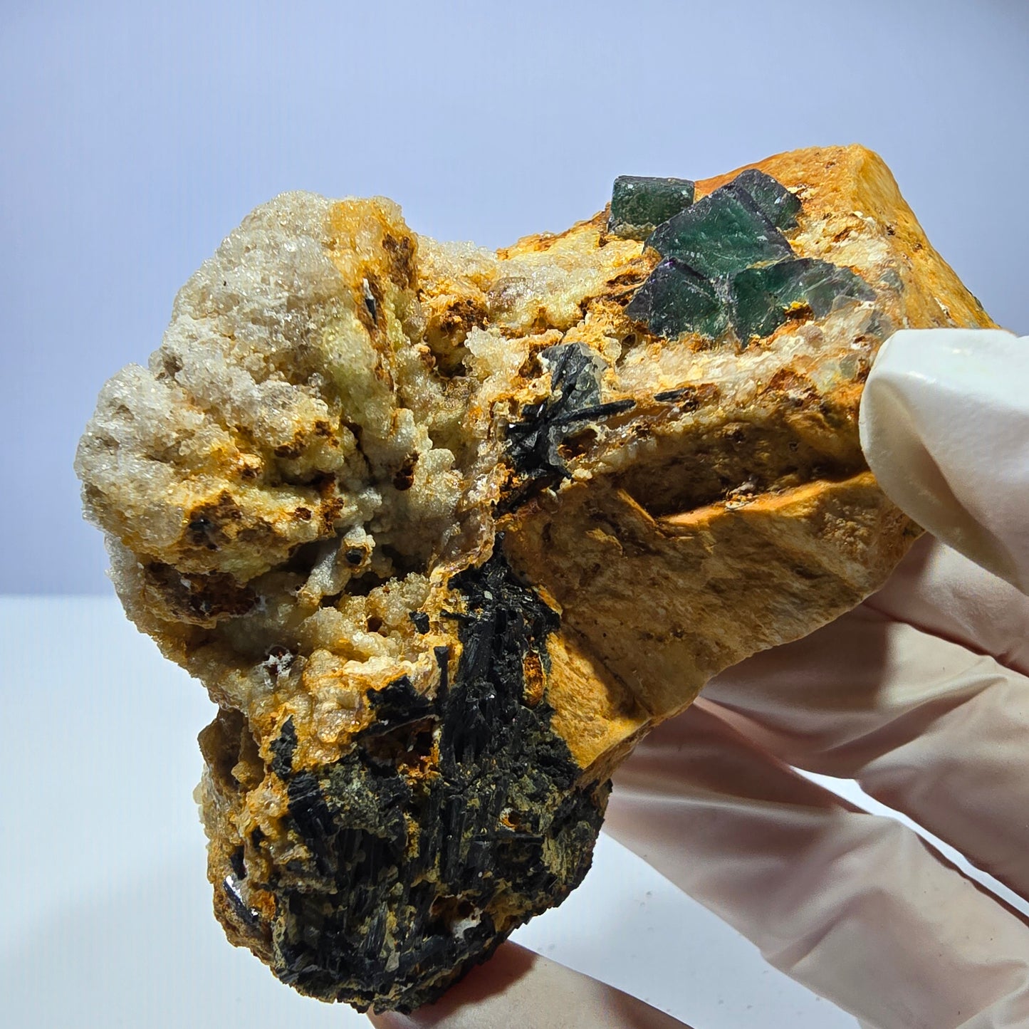 Große Fluorit, Hyalit Opal, Orthoklas, Schörl Turmalin Stufe Erongo, Namibia 91*59*52mm