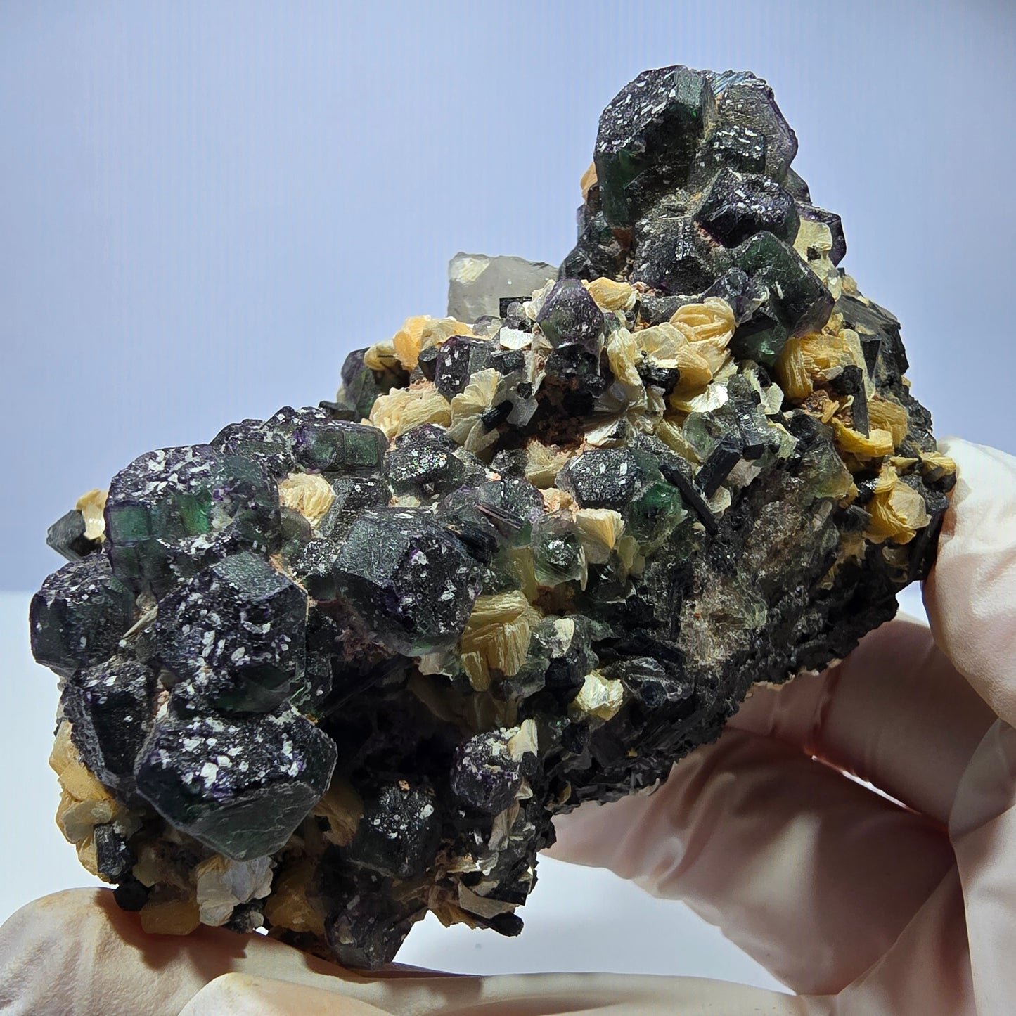 Große Fluorit, Schörl Turmalin, Rauchquarz, Muskovit Stufe Erongo, Namibia 92*54*49mm