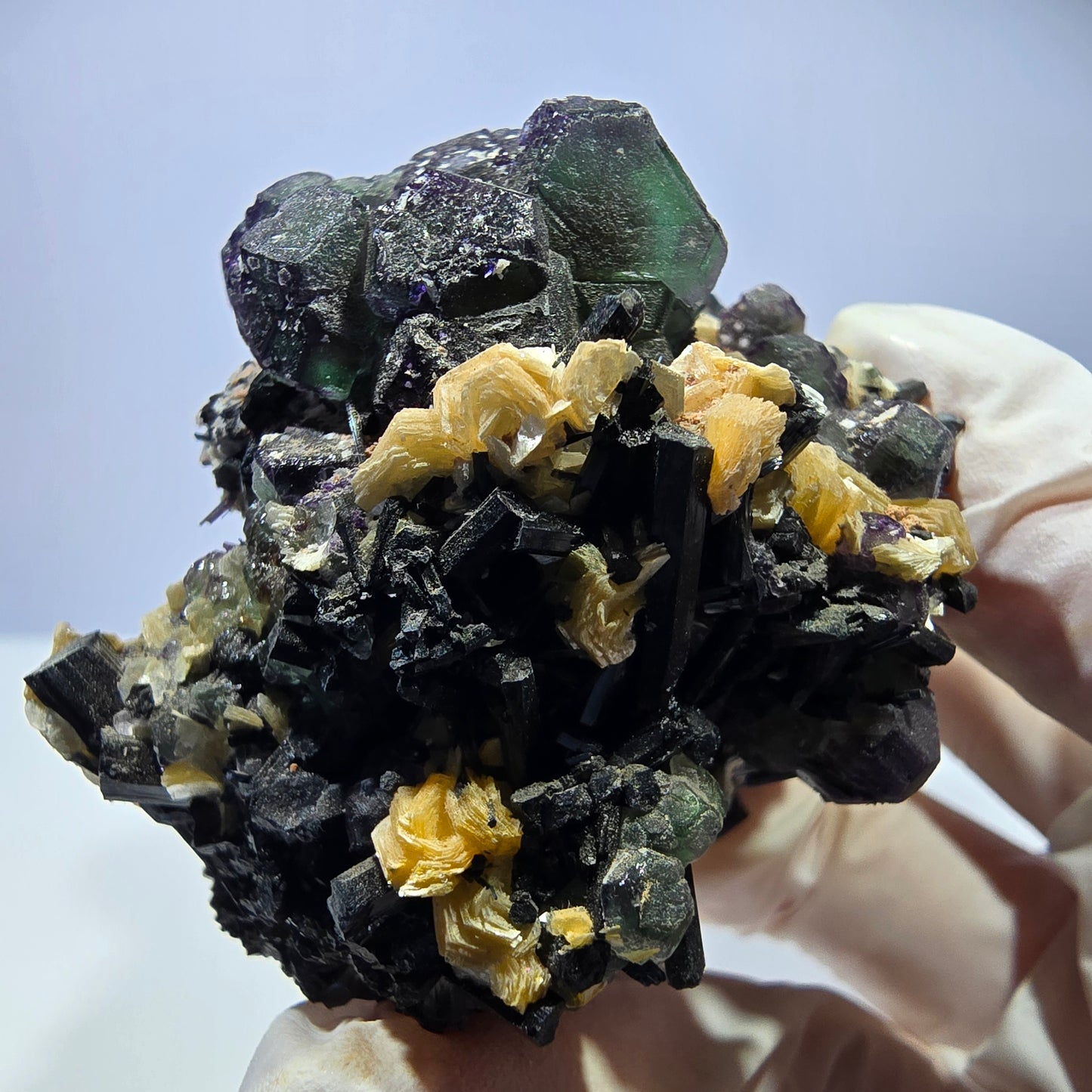 Große Fluorit, Schörl Turmalin, Rauchquarz, Muskovit Stufe Erongo, Namibia 92*54*49mm