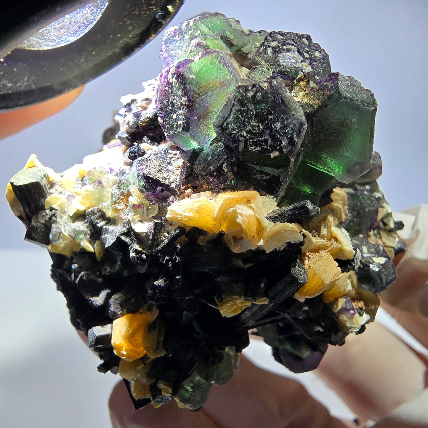 Große Fluorit, Schörl Turmalin, Rauchquarz, Muskovit Stufe Erongo, Namibia 92*54*49mm