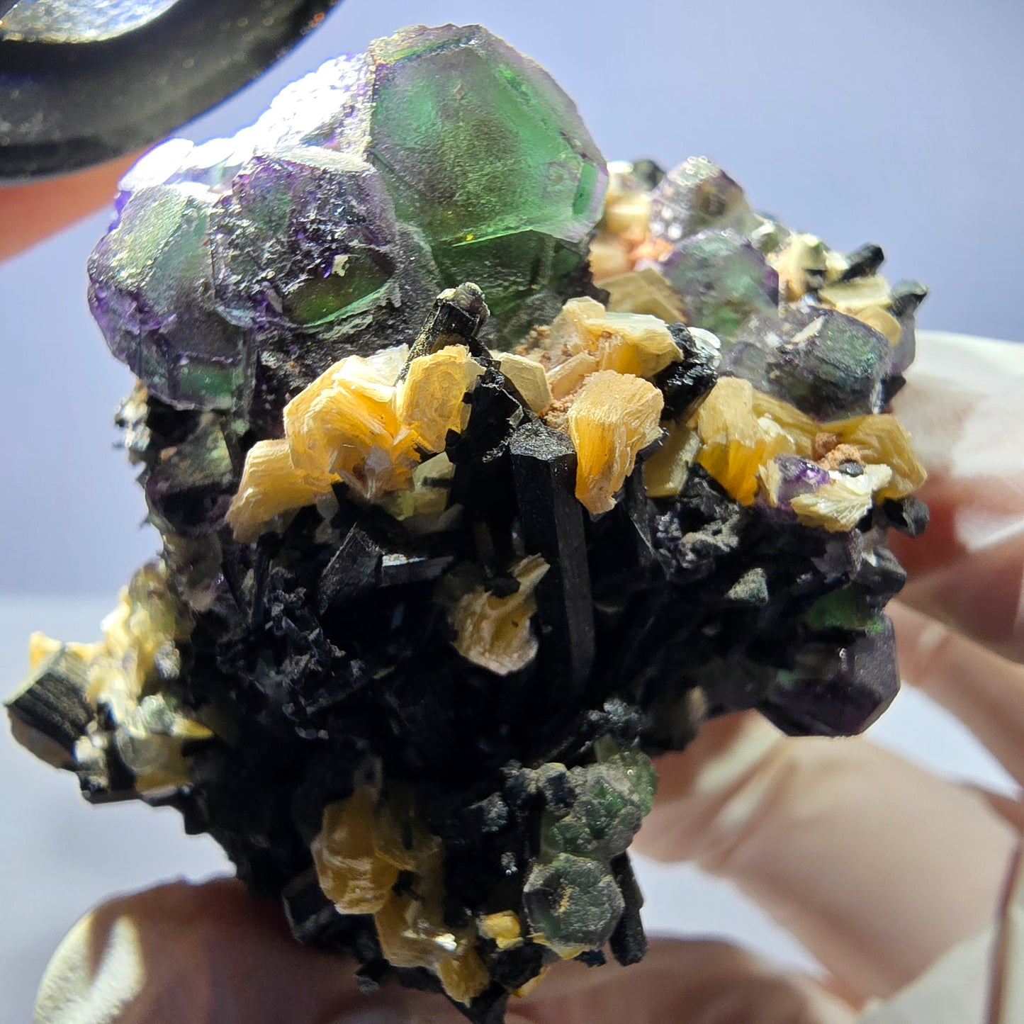 Große Fluorit, Schörl Turmalin, Rauchquarz, Muskovit Stufe Erongo, Namibia 92*54*49mm