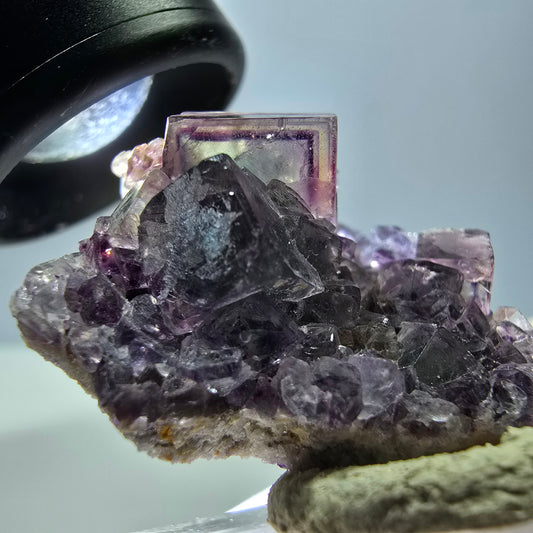 Rare spécimen cubique de fluorite fantôme, vert-violet, Okorusu, Namibie, 33*31*15 mm 