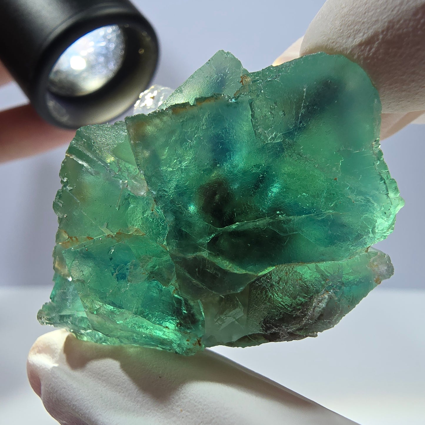 Spécimen de cube de fluorite fantôme transparente, vert parqueté, Okorusu, Namibie, 48 x 29 x 25 mm 