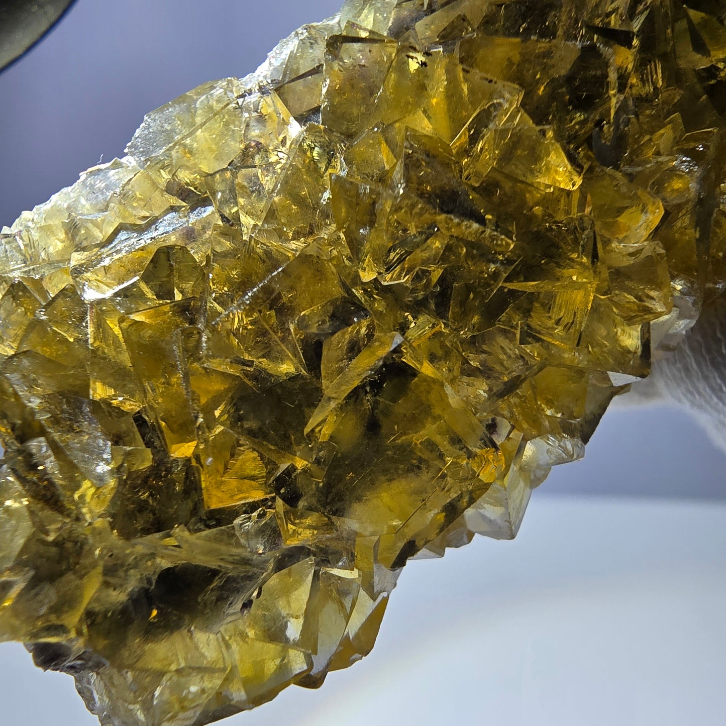 Grand spécimen de cube de fluorite fantôme, poche jaune miel, Okorusu, Namibie, 101 x 30 x 34 mm 