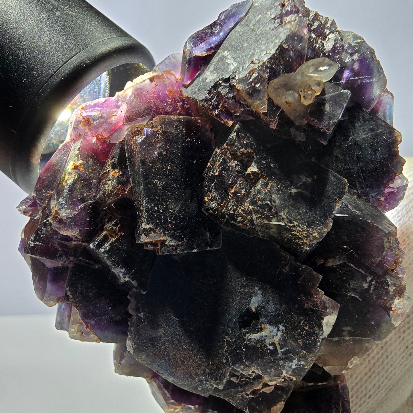 Spécimen de cube de fluorite fantôme, violet, rouge et bleu, Okorusu, Namibie, 91 x 58 x 22 mm 