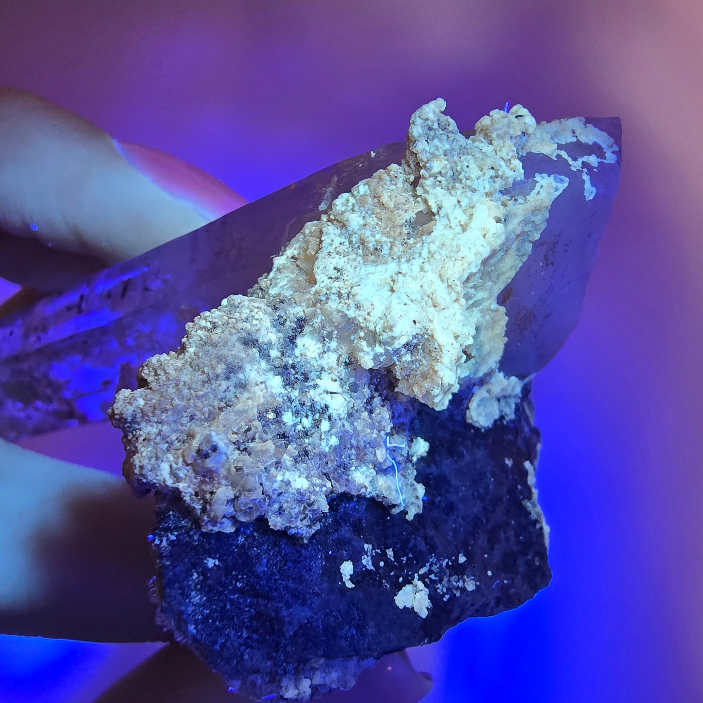 Quartz fumé Harlequin DT, calcite UV sur matrice, spécimen Valentine Pocket, Namibie, 96 x 46 x 53 mm 