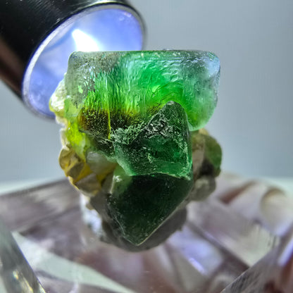 Cube de fluorite fantôme, zonal, muscovite, spécimen d'hyalite, Erongo, Namibie, 22 x 19 x 16 mm 