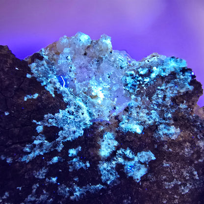 Quartz fumé fantôme DT, calcite UV sur matrice, spécimen Valentine Pocket, Namibie, 103 x 51 x 30 mm 