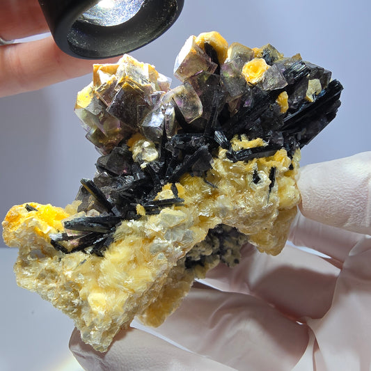 Bunte Phantom Fluorit, Schörl Turmalin, Hyalit Opal, Muskovit Erongo, Namibia 89*69*63mm