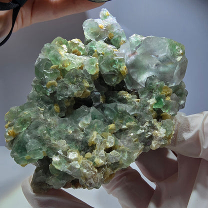 Phantom Fluorit Würfel hexagonal, Muskovit, Hyalit Opal Stufe Erongo, Namibia 122*74*58mm