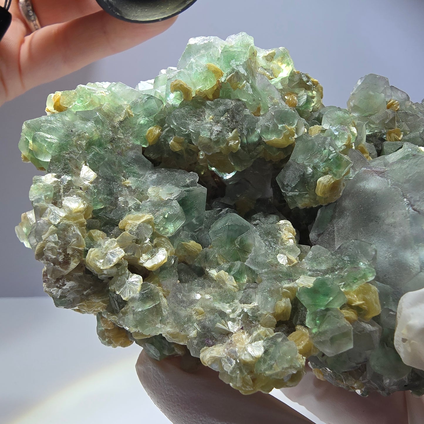 Phantom Fluorit Würfel hexagonal, Muskovit, Hyalit Opal Stufe Erongo, Namibia 122*74*58mm