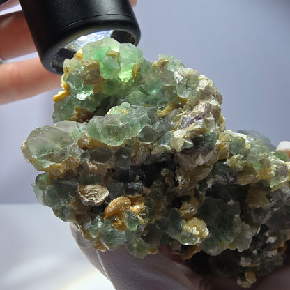 Phantom Fluorit Würfel hexagonal, Muskovit, Hyalit Opal Stufe Erongo, Namibia 122*74*58mm