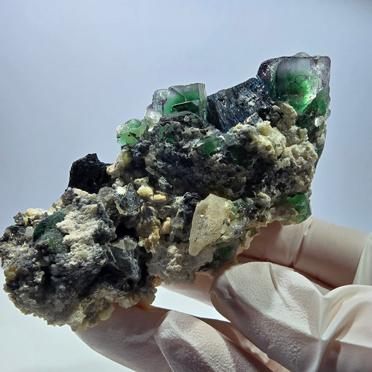 Phantom Fluorit Würfel, Schörl Turmalin, Hyalit, Muskovit Erongo, Namibia 100*51*40mm