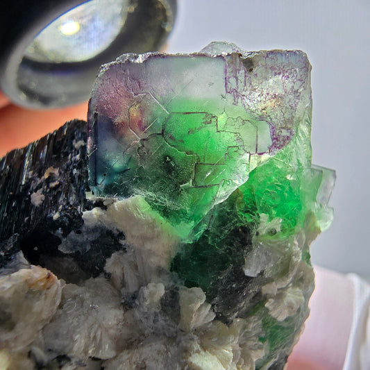 Phantom Fluorit Würfel, Schörl Turmalin, Hyalit, Muskovit Erongo, Namibia 100*51*40mm