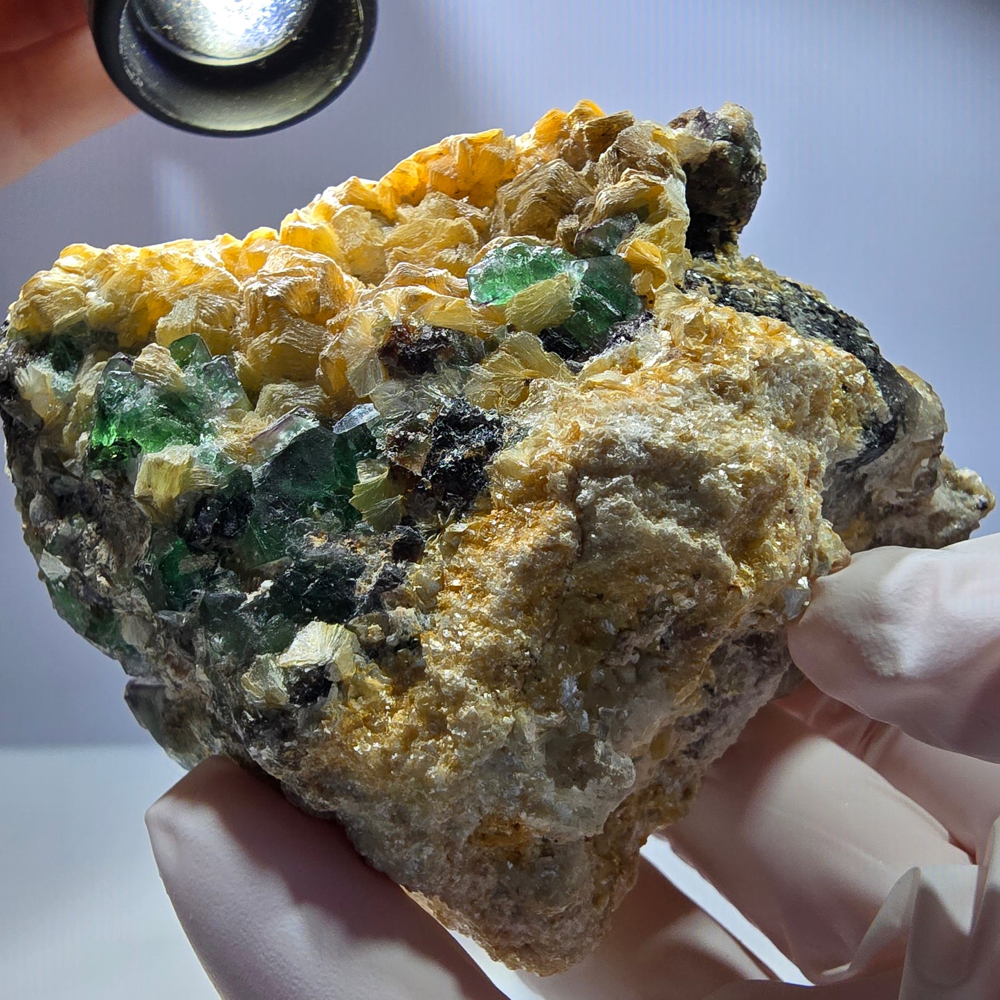 Große Phantom Fluorit, Schörl Turmalin, Hyalit, Muskovit Stufe Erongo, Namibia 89*71*59mm