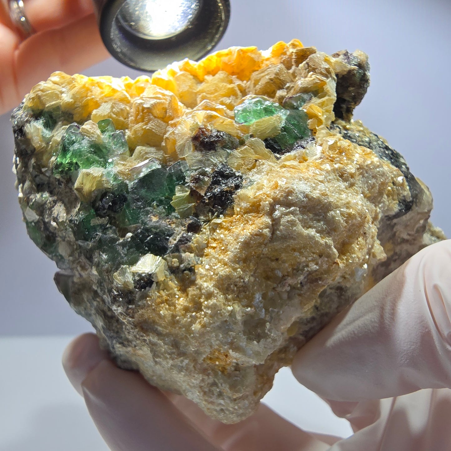 Große Phantom Fluorit, Schörl Turmalin, Hyalit, Muskovit Stufe Erongo, Namibia 89*71*59mm