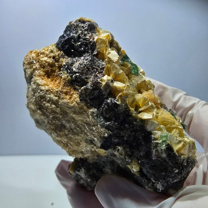 Große Phantom Fluorit, Schörl Turmalin, Hyalit, Muskovit Stufe Erongo, Namibia 89*71*59mm