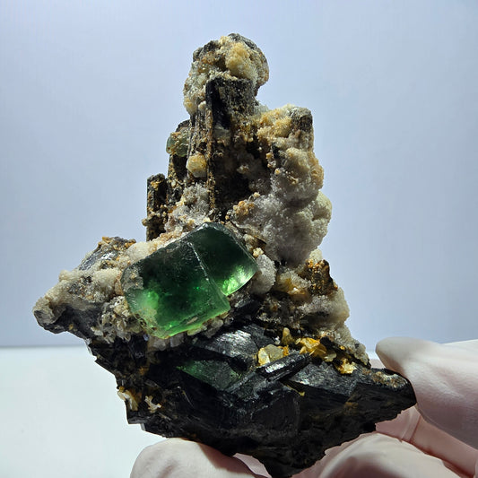 Große Phantom Fluorit, Schörl Turmalin, Hyalit, Muskovit Stufe Erongo, Namibia 78*64*38mm