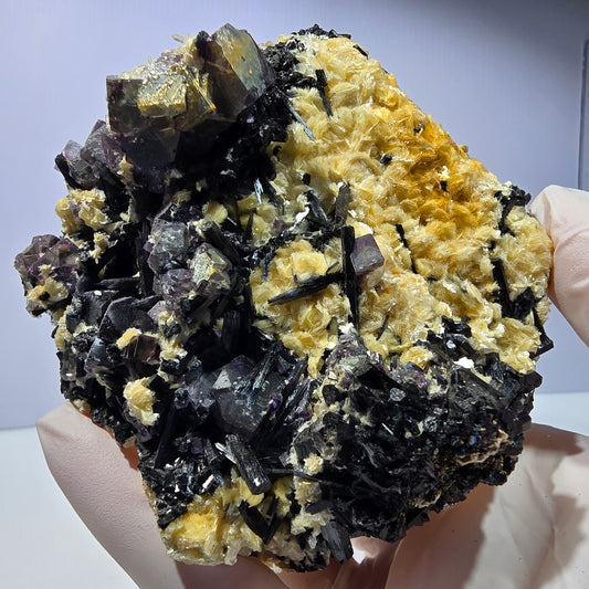 Bunte Phantom Fluorit, Schörl Turmalin, Hyalit Opal, Muskovit Erongo, Namibia 104*101*96mm