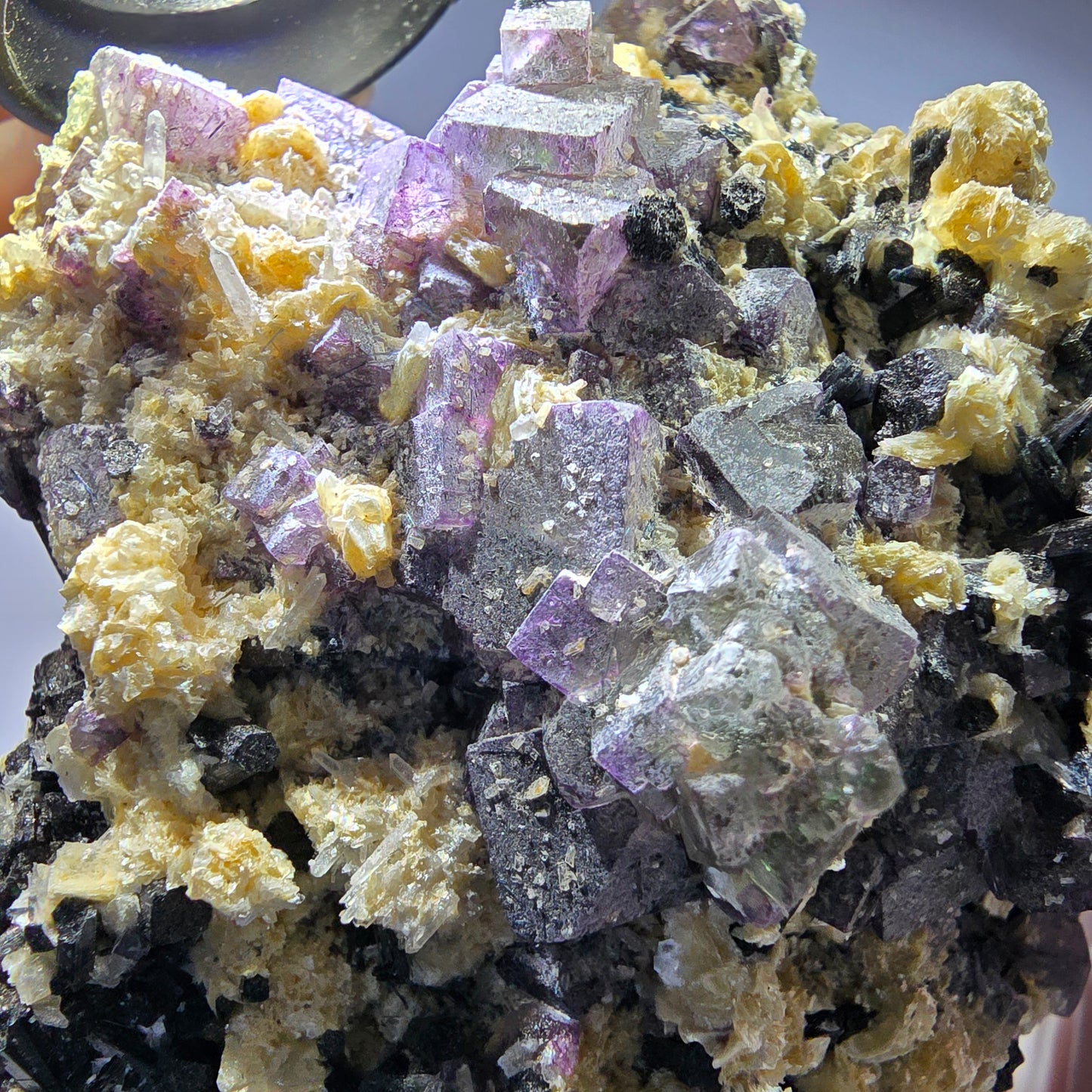 Bunte Phantom Fluorit, Schörl Turmalin, Hyalit Opal, Muskovit Erongo, Namibia 104*101*96mm