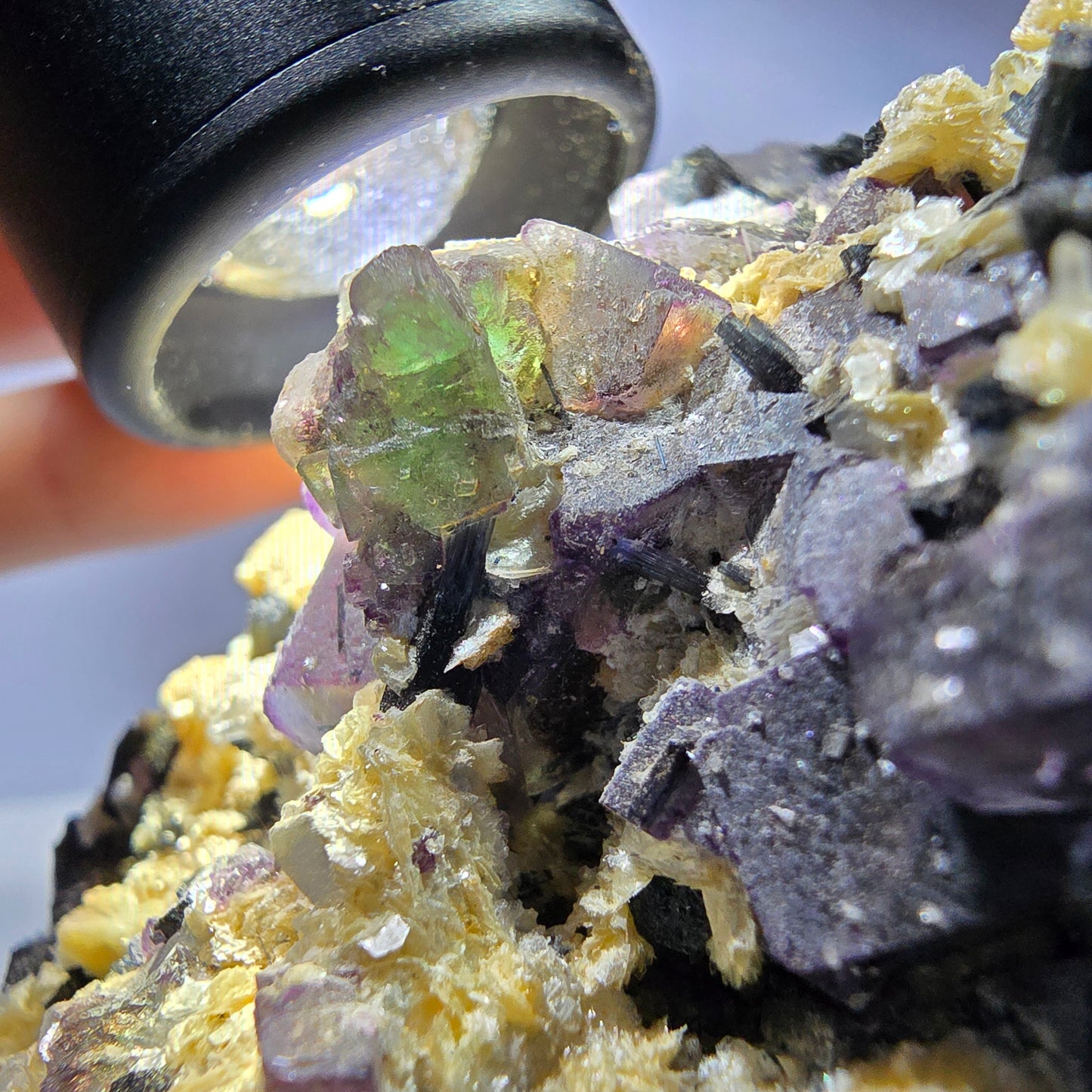 Bunte Phantom Fluorit, Schörl Turmalin, Hyalit Opal, Muskovit Erongo, Namibia 104*101*96mm