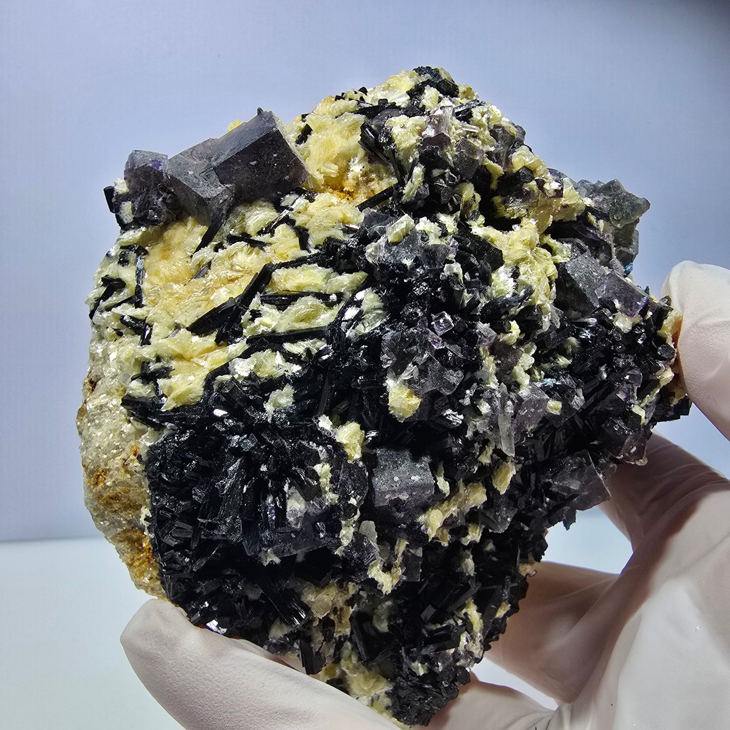 Bunte Phantom Fluorit, Schörl Turmalin, Hyalit Opal, Muskovit Erongo, Namibia 104*101*96mm