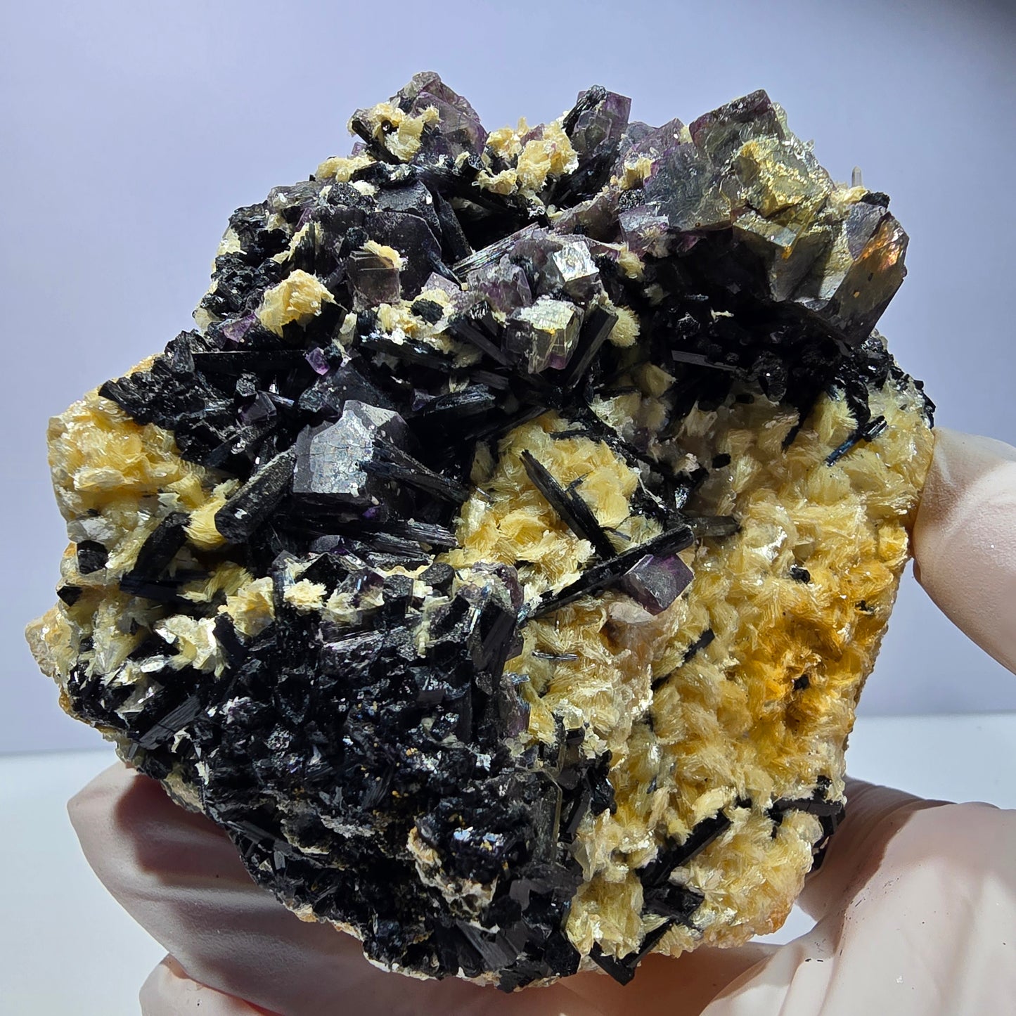 Bunte Phantom Fluorit, Schörl Turmalin, Hyalit Opal, Muskovit Erongo, Namibia 104*101*96mm