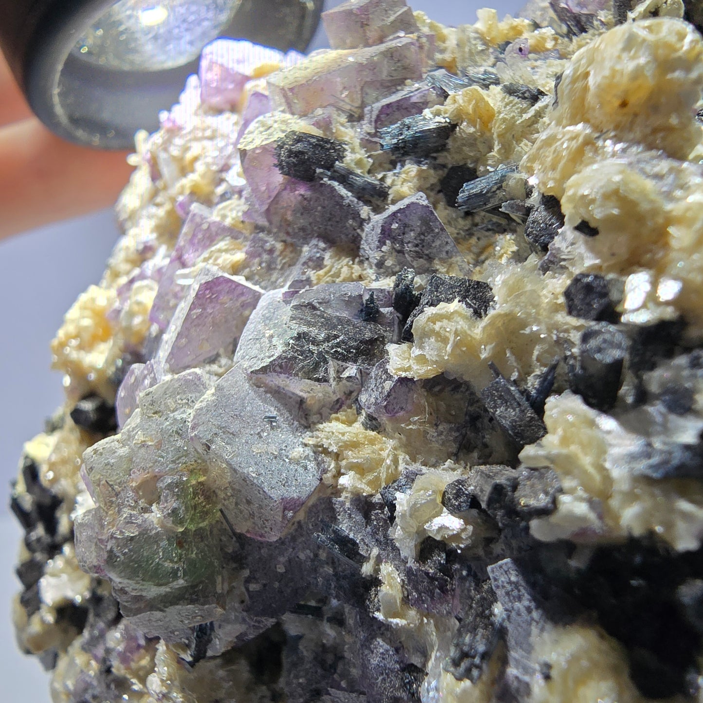 Bunte Phantom Fluorit, Schörl Turmalin, Hyalit Opal, Muskovit Erongo, Namibia 104*101*96mm