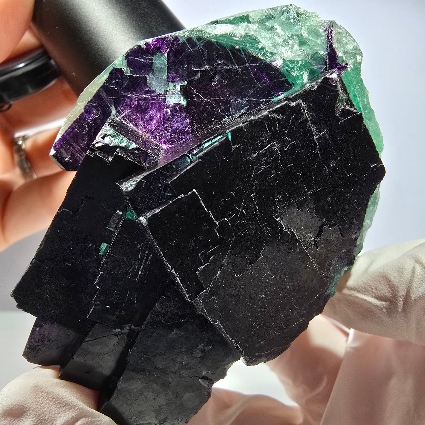Cube de fluorite fantôme XL vert violet 11:11 Angel Pocket Okorusu, Namibie 75*64*37mm 