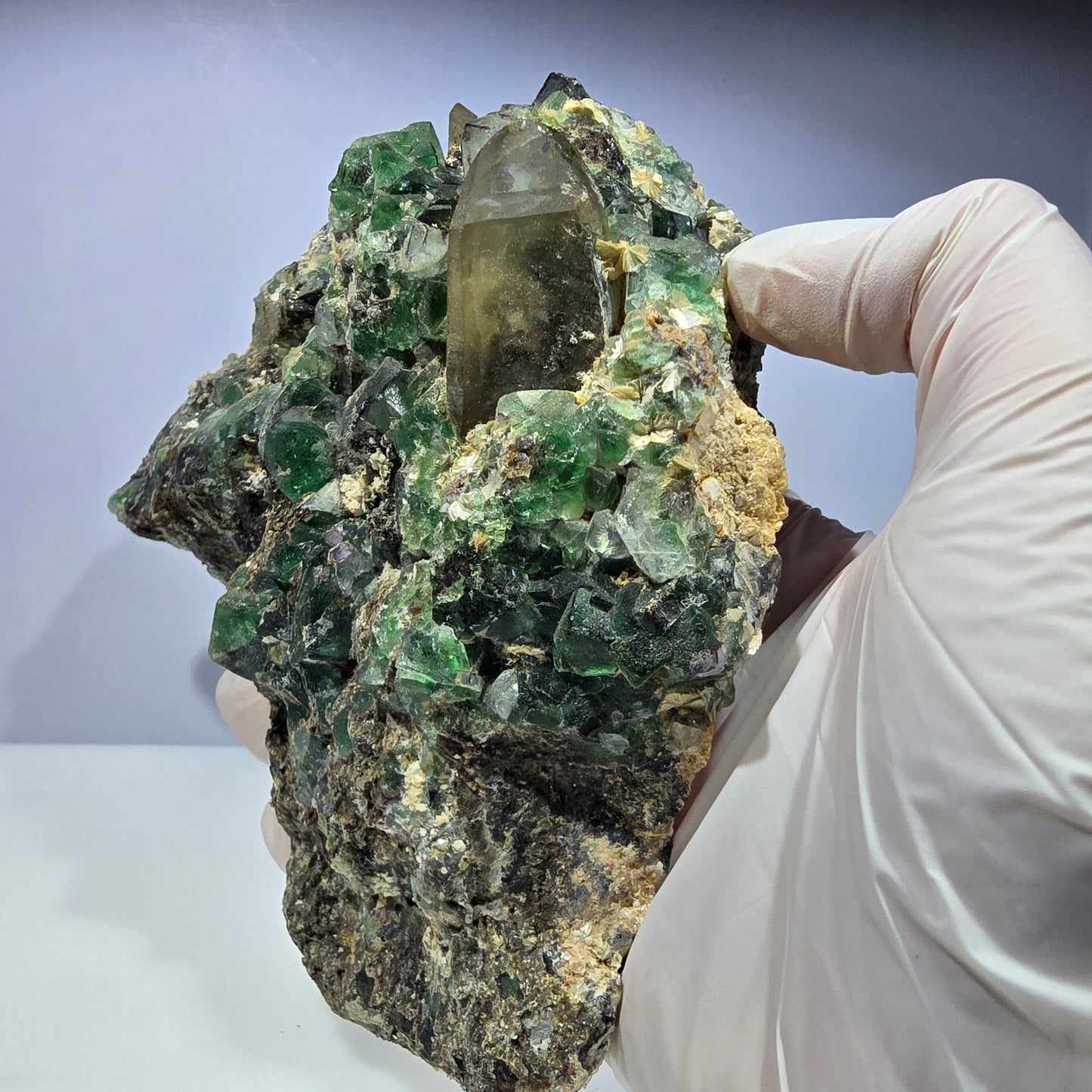 XL Fluorite, Smoky Quartz, Hyalite, Schörl Tourmaline, Muscovite Erongo, Namibia 150*129*55mm 
