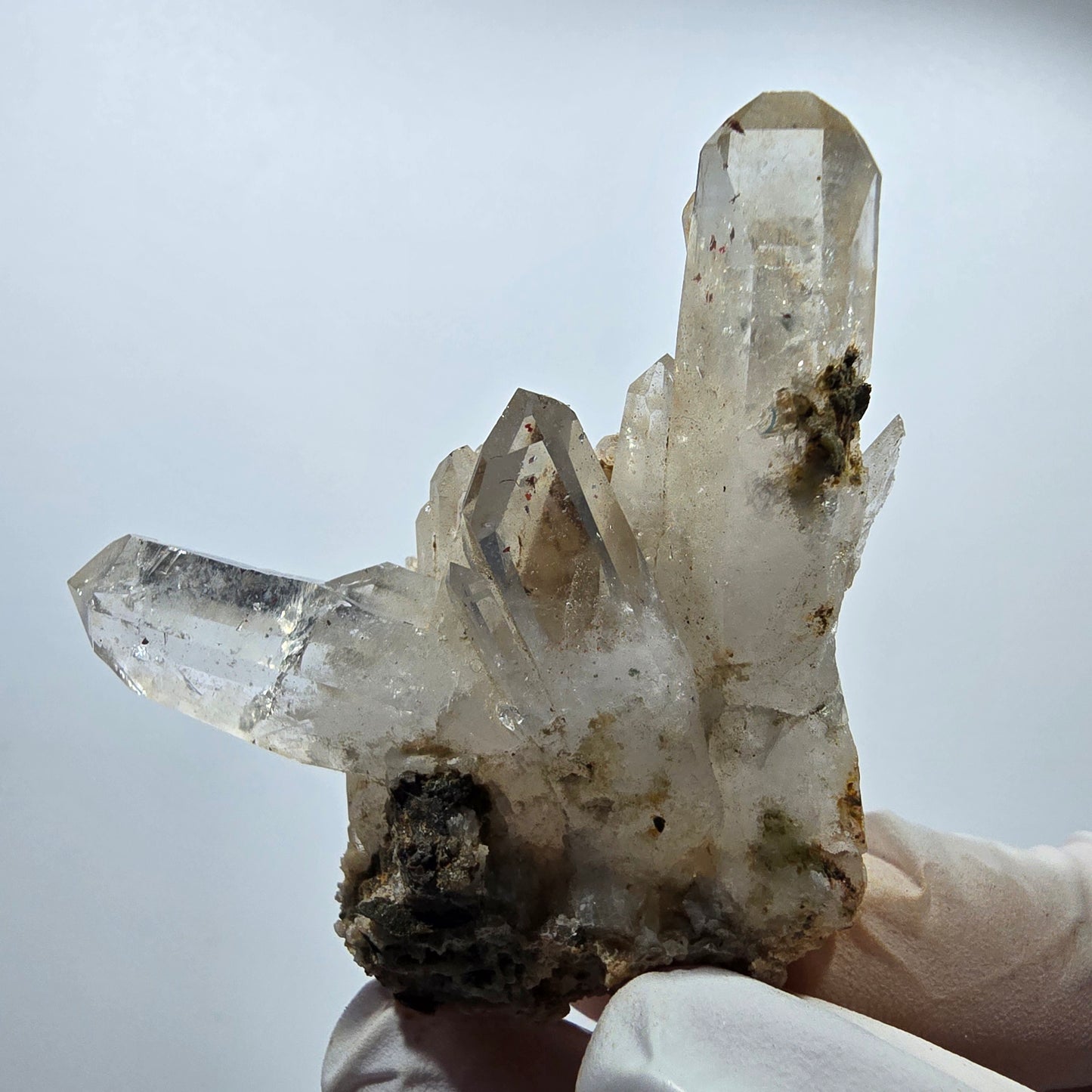 Klare Phantom Rauchquarz, Hämatit, Chlorit auf Matrix Stufe Goboboseb, Namibia 56*52*26mm