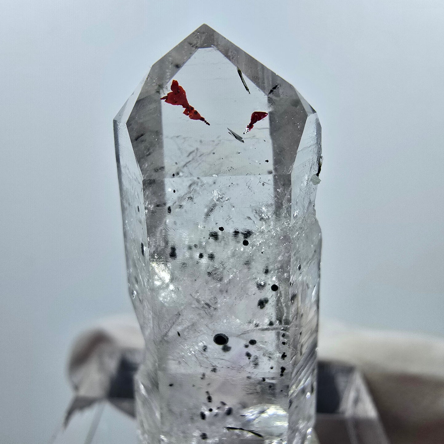 Pointe de quartz lémurien arlequin clair, mine de Streep, Goboboseb, Namibie, 33 x 14 x 10 mm 