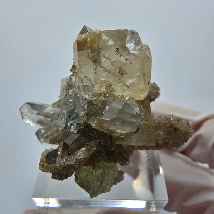 Seltene Calcit Würfel, Prehnit, Quarz Stufe Streep Mine Goboboseb, Namibia 39*33*24mm