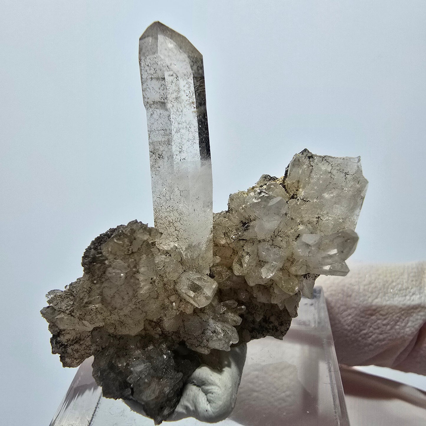 Clear phantom smoky quartz scepter on matrix step Goboboseb, Namibia 38*35*13mm 