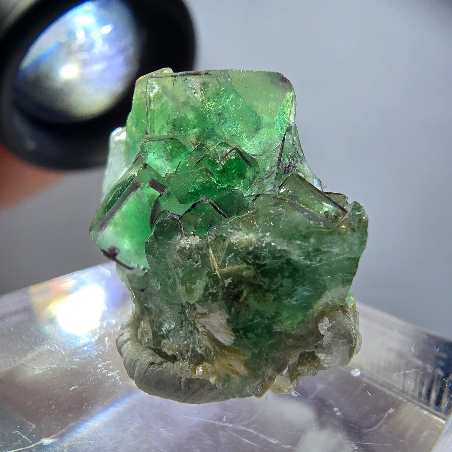 Sehr klare Phantom Fluorit Würfel, zonal Muskovit Stufe Erongo Namibia 23*18*9mm