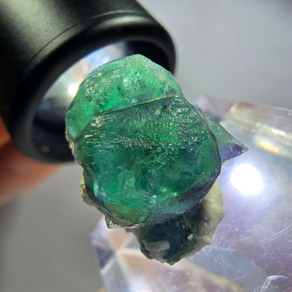 Phantom Fluorit Würfel, Orthoklas Stufe, grün lila blau Erongo, Namibia 21*15*14mm