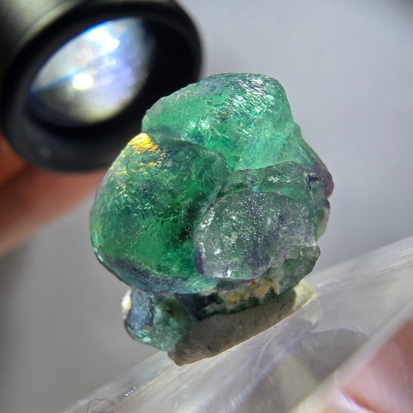 Phantom Fluorit Würfel, Orthoklas Stufe, grün lila blau Erongo, Namibia 21*15*14mm