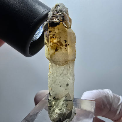 Rauchquarz Zepter, Hyalit Opal, Schörl Turmalin, Orthoklas Erongo, Namibia 52*17*12mm