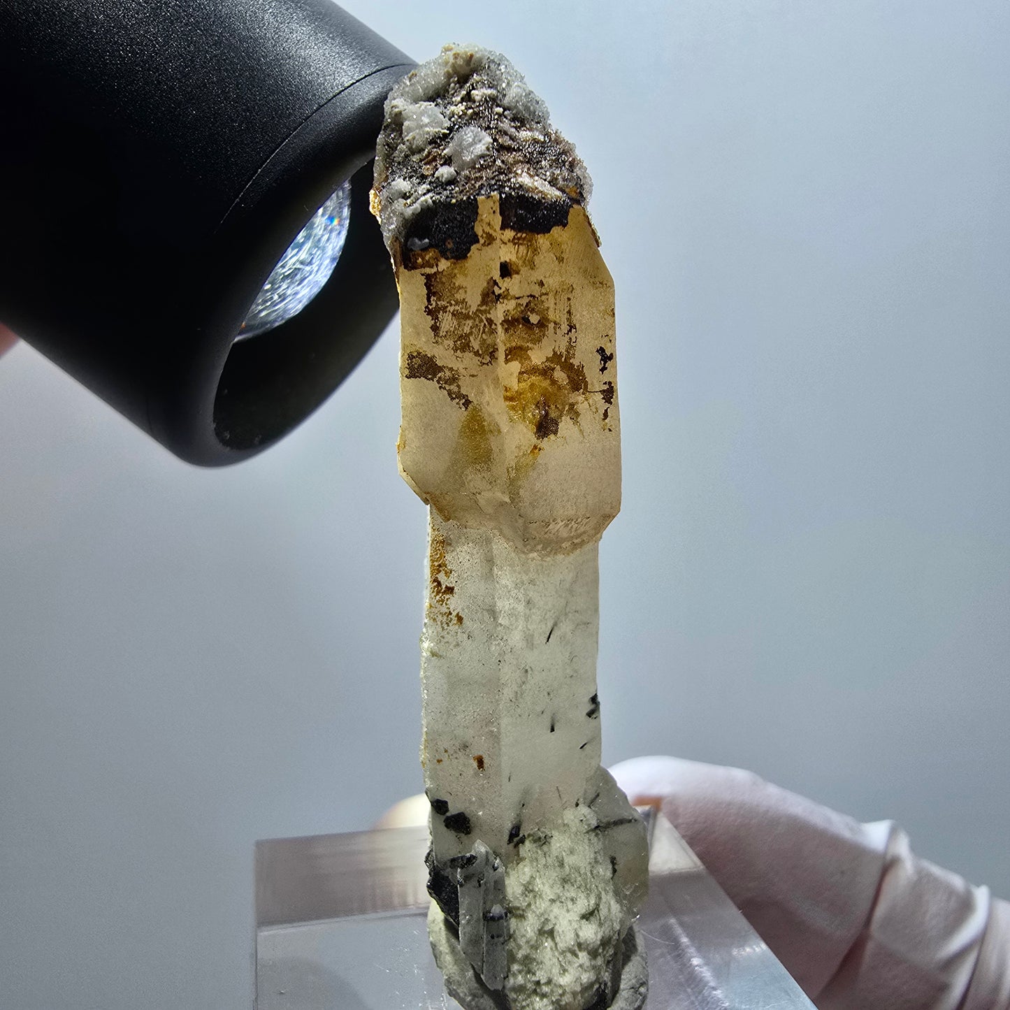 Rauchquarz Zepter, Hyalit Opal, Schörl Turmalin, Orthoklas Erongo, Namibia 52*17*12mm