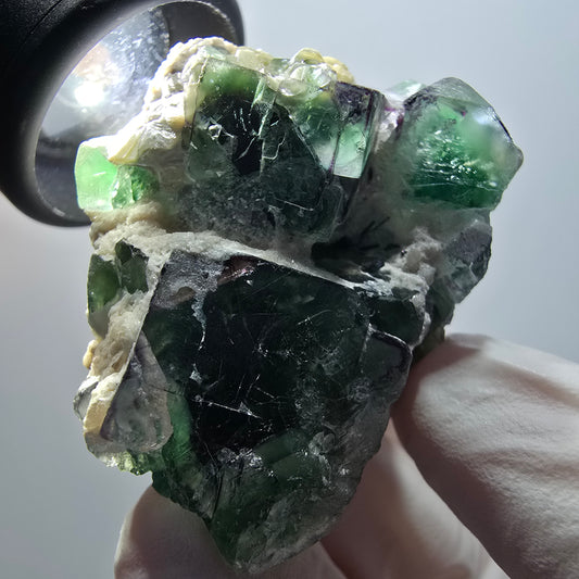 Phantom Fluorit, zonal, Hyalit Opal, Schörl Turmalin, Muskovit Erongo, Namibia 47*35*31mm