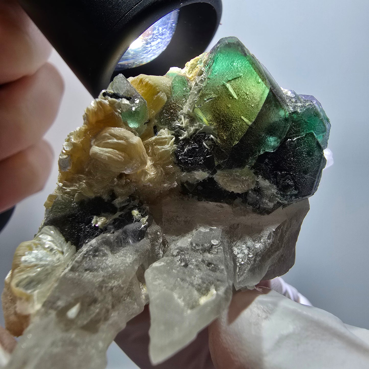 Phantom fluorite, hexagonal, smoky quartz, muscovite, tourmaline Erongo, Namibia 62*39*32mm 