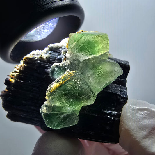 Phantom Fluorit Würfel, Schörl Turmalin, Hyalit Opal Stufe Erongo, Namibia 33*27*29mm