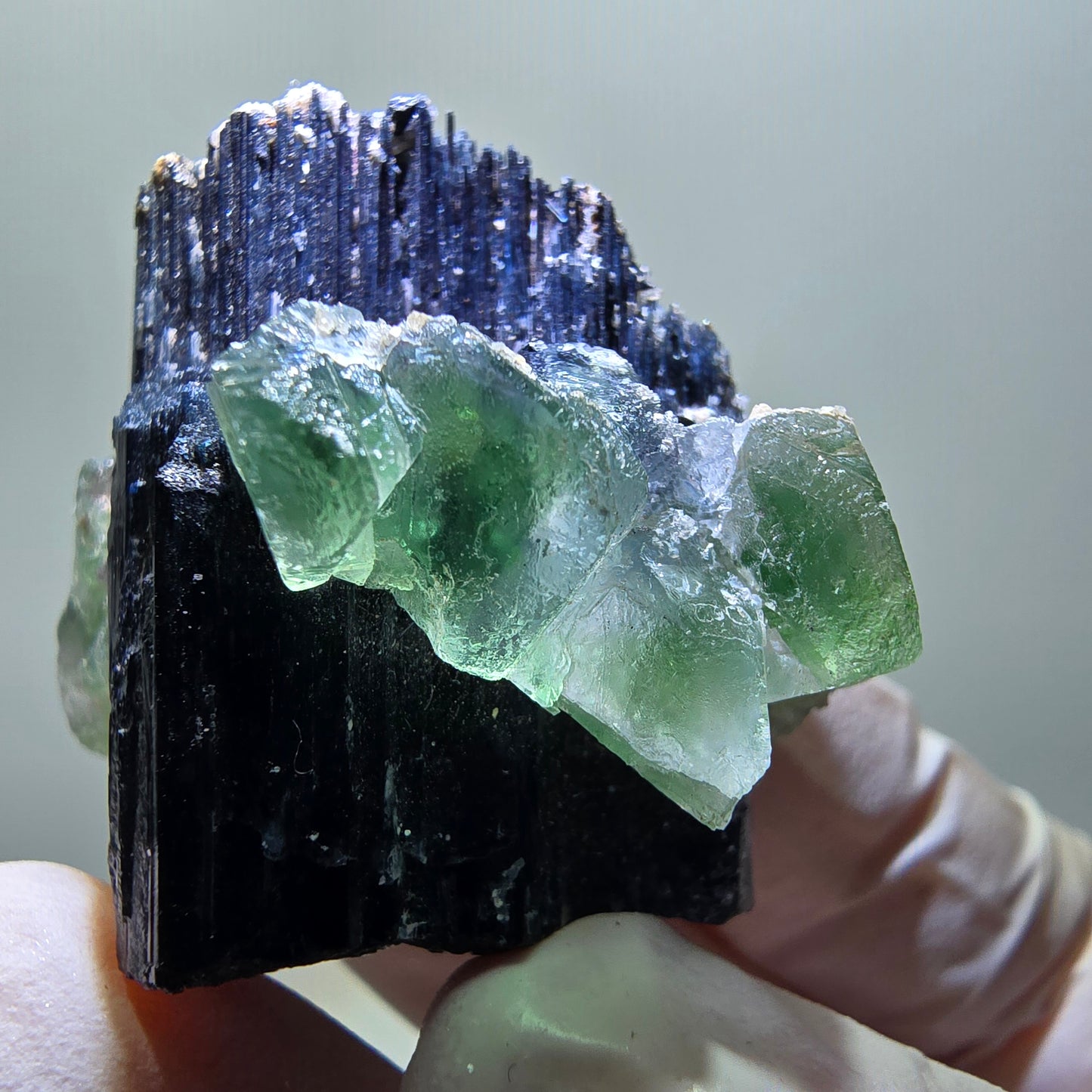 Phantom Fluorit Würfel, Schörl Turmalin, Hyalit Opal Stufe Erongo, Namibia 33*27*29mm