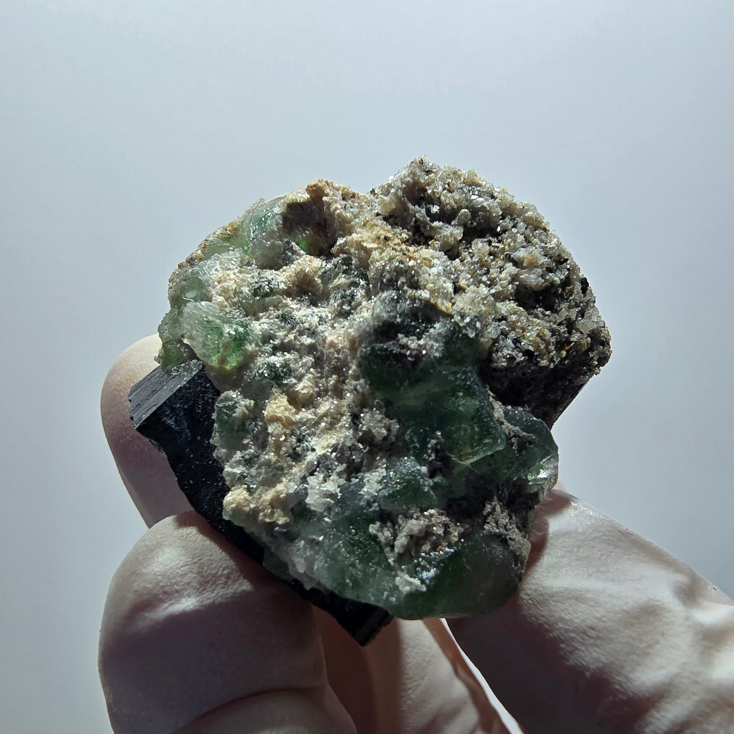 Phantom Fluorit Würfel, Schörl Turmalin, Hyalit Opal Stufe Erongo, Namibia 33*27*29mm