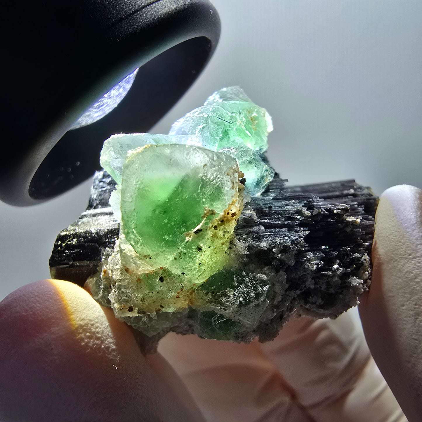 Phantom Fluorit Würfel, Schörl Turmalin, Hyalit Opal Stufe Erongo, Namibia 33*27*29mm