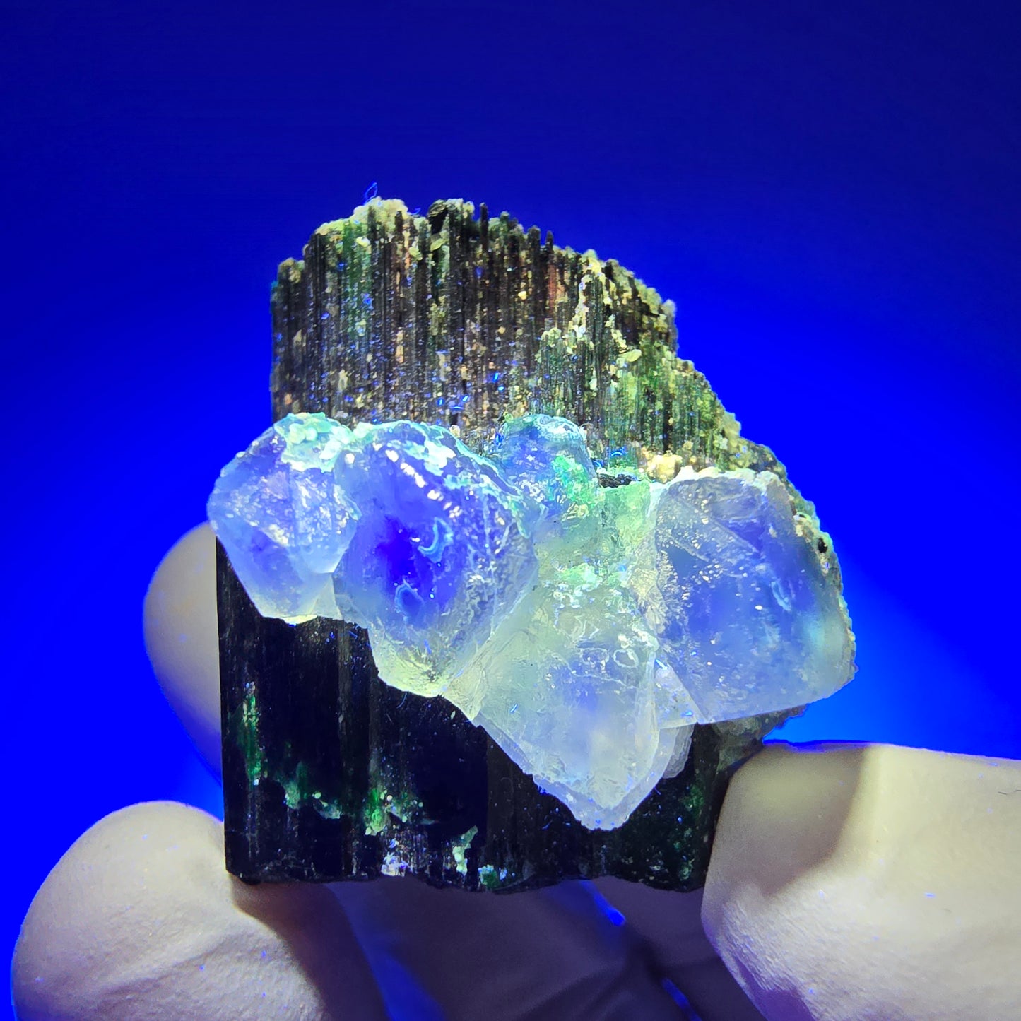 Phantom Fluorit Würfel, Schörl Turmalin, Hyalit Opal Stufe Erongo, Namibia 33*27*29mm