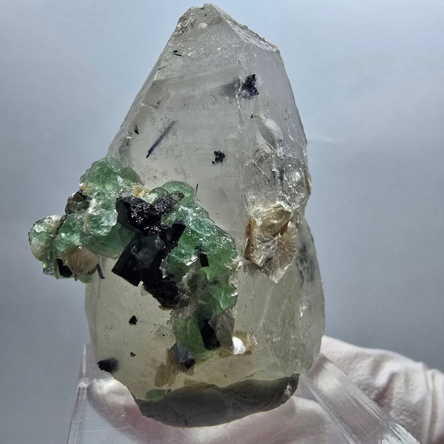 Phantom Fluorit, Rauchquarz, Schörl Turmalin, Muskovit, Hyalit Erongo, Namibia 39*30*17mm