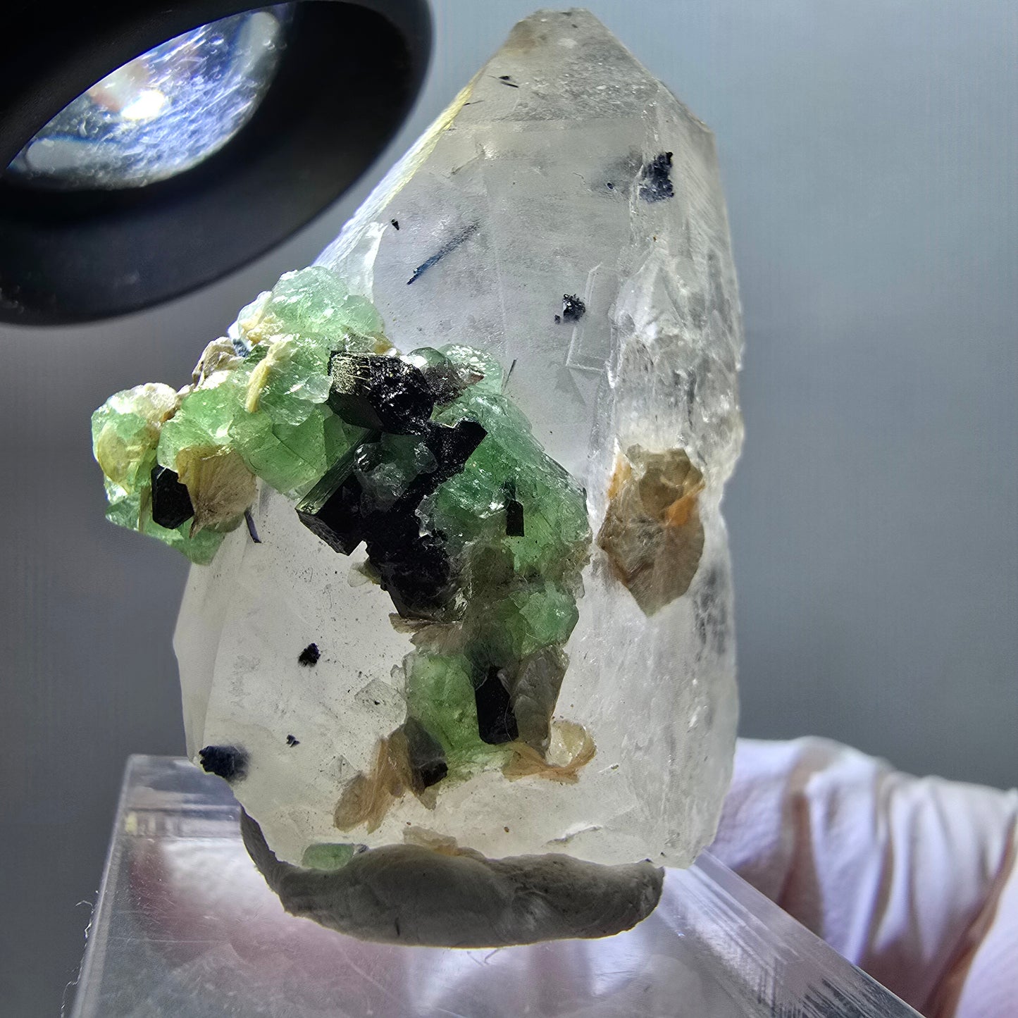 Phantom Fluorit, Rauchquarz, Schörl Turmalin, Muskovit, Hyalit Erongo, Namibia 39*30*17mm