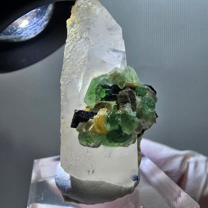 Phantom Fluorit, Rauchquarz, Schörl Turmalin, Muskovit, Hyalit Erongo, Namibia 39*30*17mm